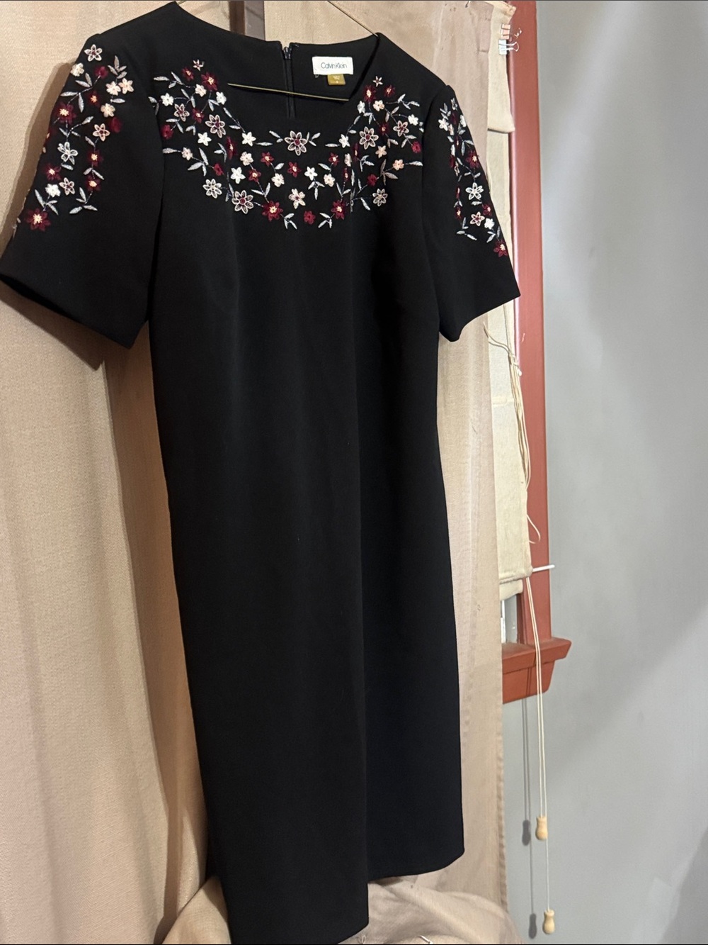 Calvin Klein Black Midi Dress with Red & White Floral Embroidery-18